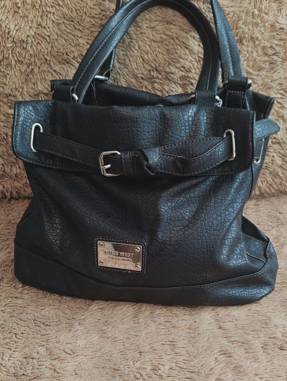 Nine West Black Textured Tote with Silver Hardware